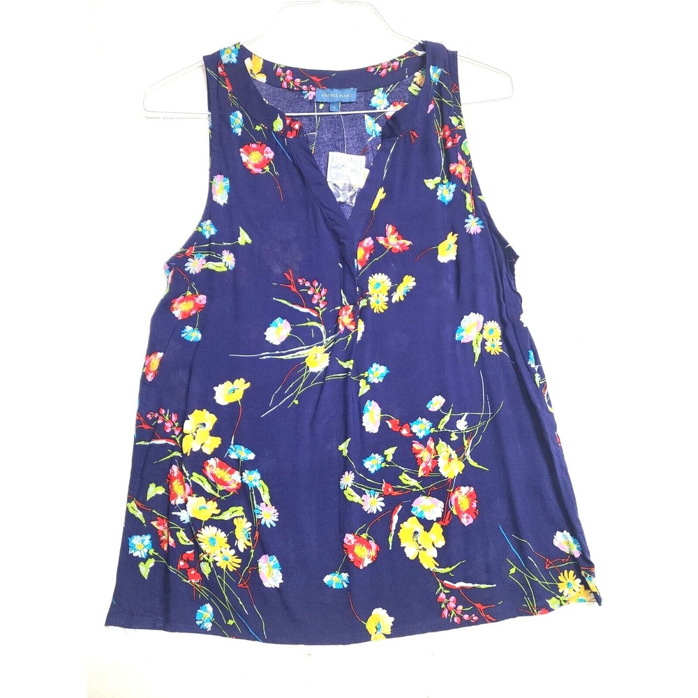 Antibes Blanc Top Women Large Blue Floral Sleeveless Blouse Button  V Neck NWT